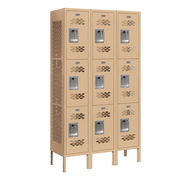 3 Tier Vented Locker, 36"Wx66"Hx12"D, 9 Door, Tan, Unassembled